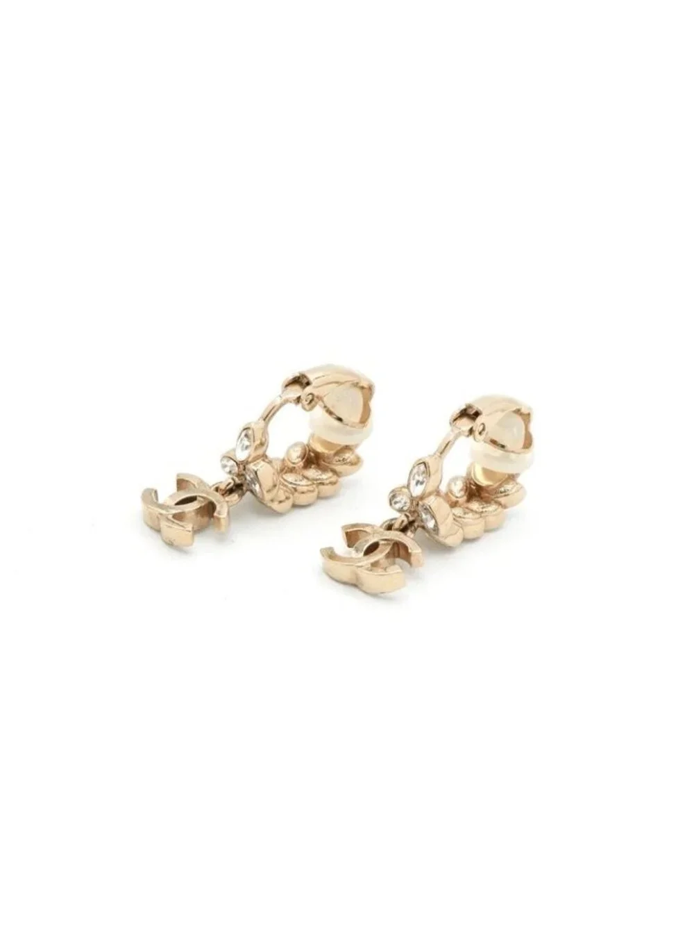 Chanel Earrings Gold CC Logo Rhinestone Leaf Motif